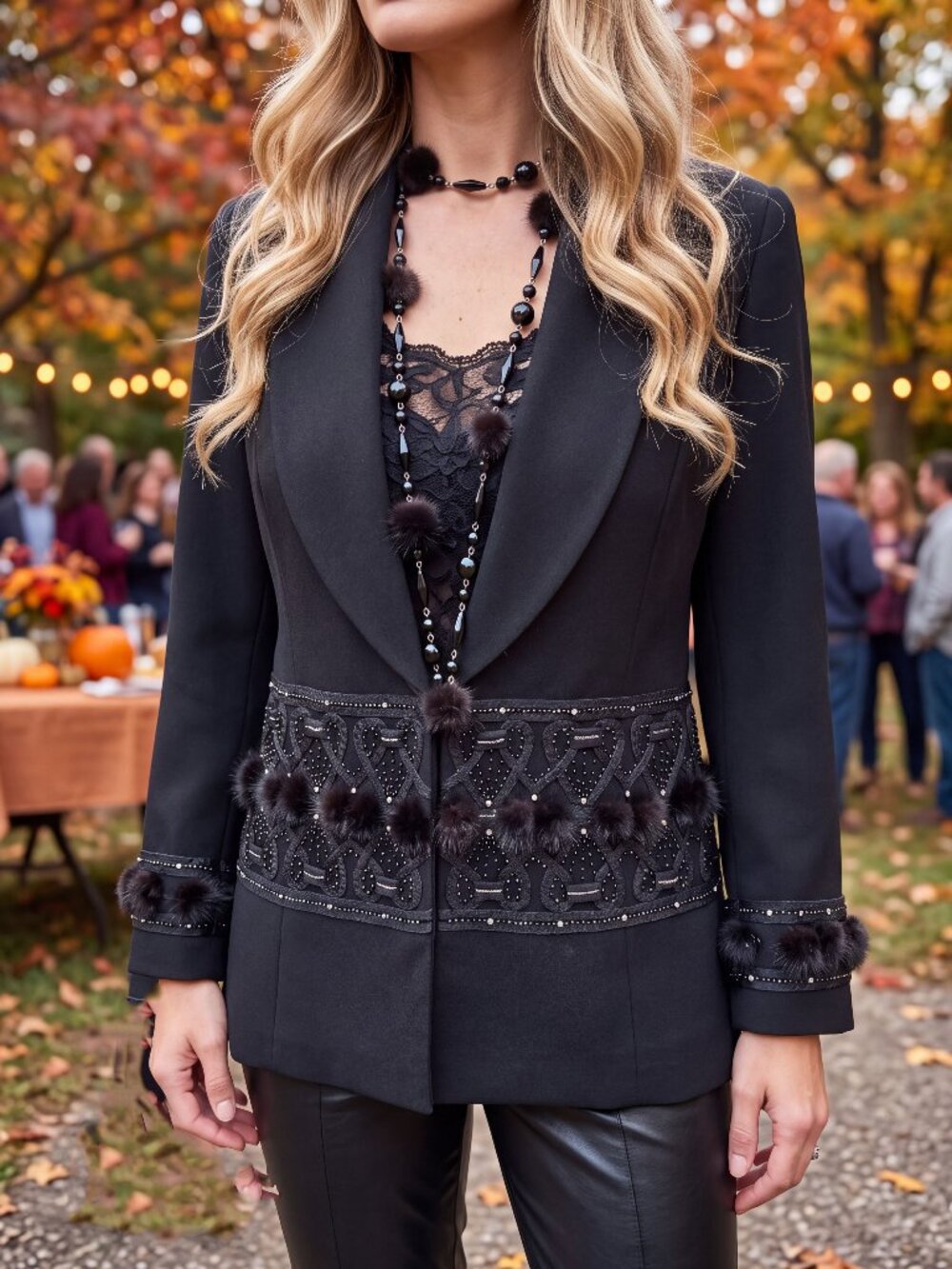 Black Beaded Faux Fur Pom Pom Jacket with Faux Fur pom pom Necklace Size 12